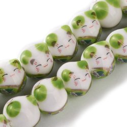Porcelain bead, white and green Chinese lucky cat, 12x13x15 mm, 2 pcs