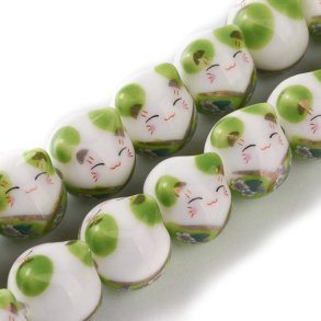 Porcelain bead, white and green Chinese lucky cat, 12x13x15 mm, 2 pcs