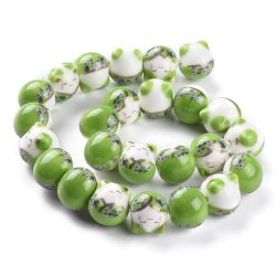 Porcelain bead, white and green Chinese lucky cat, 12x13x15 mm, 2 pcs