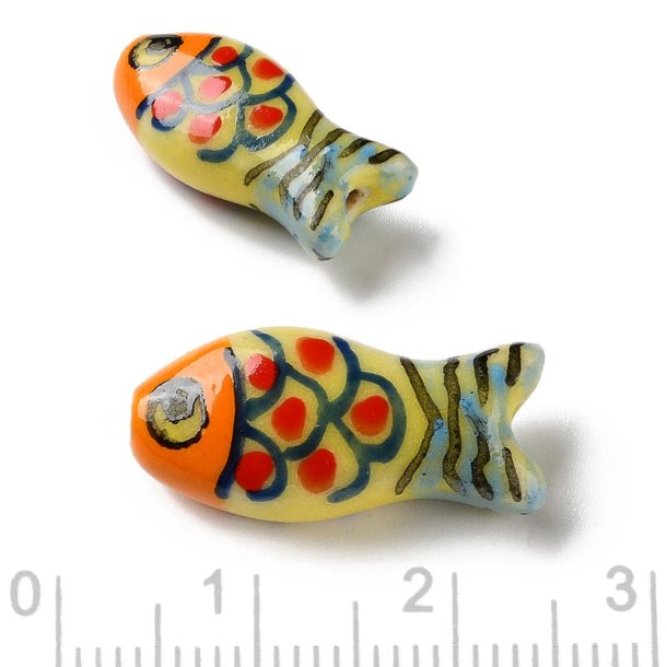 Keramik perle, gul og bl� fisk, 21x10 mm, 2 stk