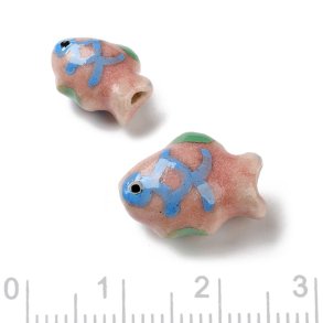 Keramik perle, lyser�d og bl� fisk, 16x12 mm, 2 stk