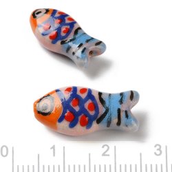 Keramik perle, lyser�d, gul og bl� fisk, 21x10 mm, 2 stk