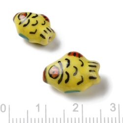 Keramik perle, gul fisk med r�de �jne, 16x12 mm, 2 stk