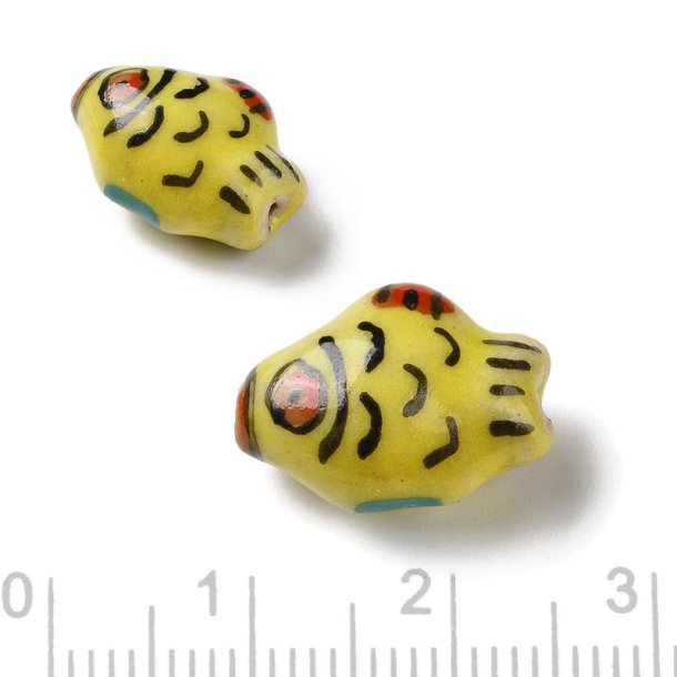 Keramik perle, gul fisk med r�de �jne, 16x12 mm, 2 stk