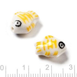 Keramik perle, hvid fisk med gule striber, 14,5x13 mm, 2 stk