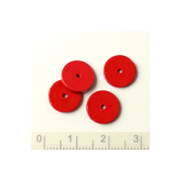 Ceramic coin, red, with a hole in the middle, 10x1.5mm, 4pcs.