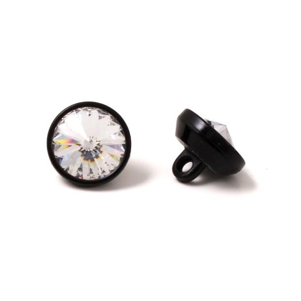 Acrylic button, black with clear Swarovski crystal, 12x10mm, 1pc.