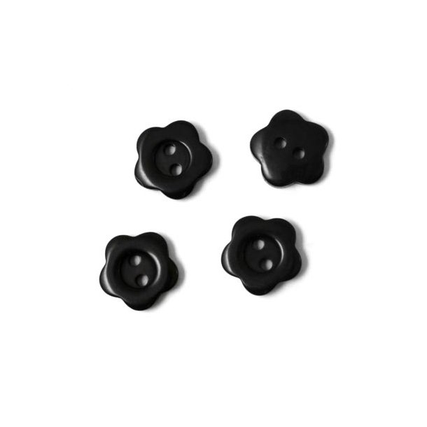 Plastic button, flower-shaped, black, 12x3mm, 6pcs.