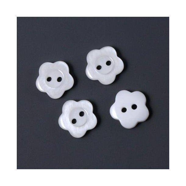 Plastic button, flower-shaped, white with luster, 12x3mm, 4pcs.
