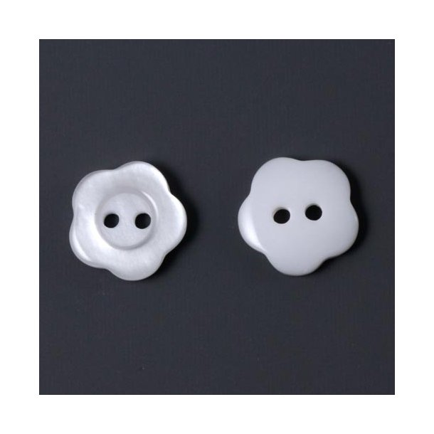 Plastic button, flower-shaped, white with luster, 14x3mm, 4pcs.