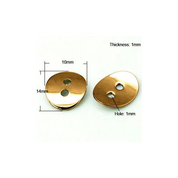 Button, gilded, curved oval, 14x10mm, hole-size 2 mm, 4pcs.