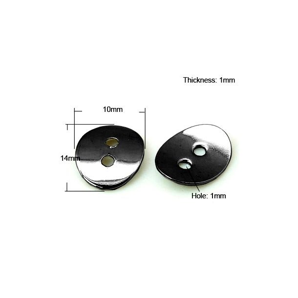 Button, black brass, curved, oval, hole-size 2 mm, 14x11mm, 4pcs.