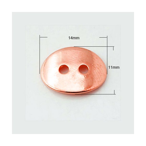 Rosegold gilded button, curved oval, 14x11mm, hole size 4mm, 4pcs.