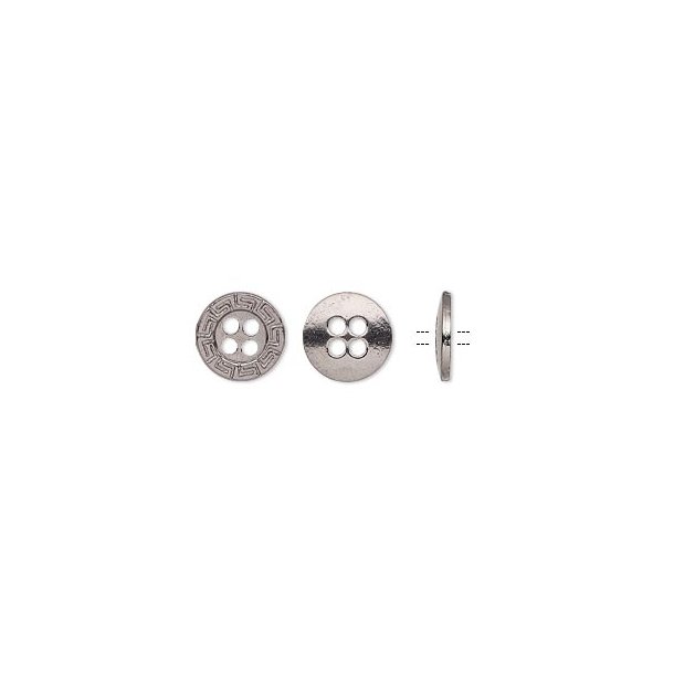 Button, dark gun-metal, Greek border pattern, 4 holes, round, flat, 12mm, 4pcs.