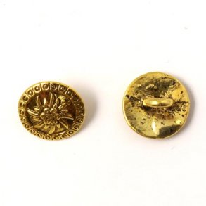 Metal knap, antik forgyldt, med blomst og kant, 15x9 mm, 4 stk.