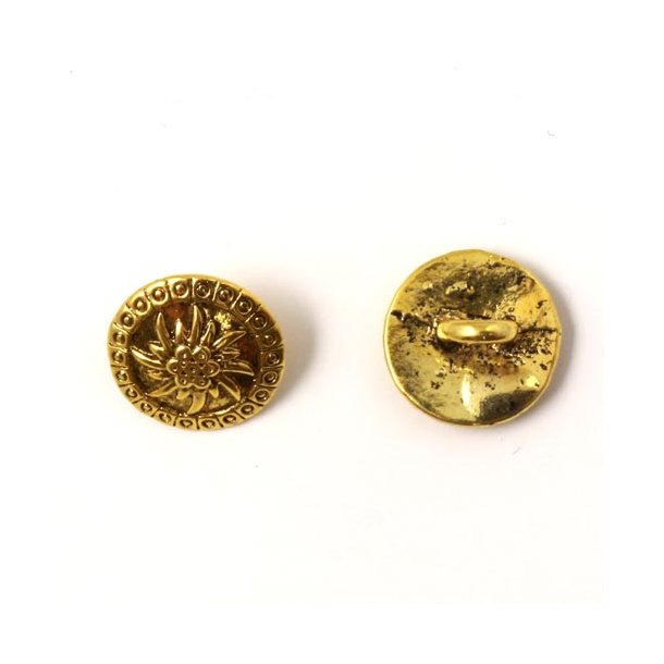 Large metal button, antique gilded, round with flower and border, 15x9mm, 4pcs.