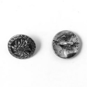 Metal knap, antik forslvet, med blomst og kant, 15x9 mm, 4 stk.