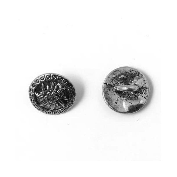 Large metal button, antique silver-plated, round with flower and border, 15x9mm, 4pcs.