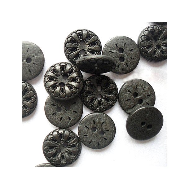 Button made of black coconut with deco-carving, 11mm, 4pcs.