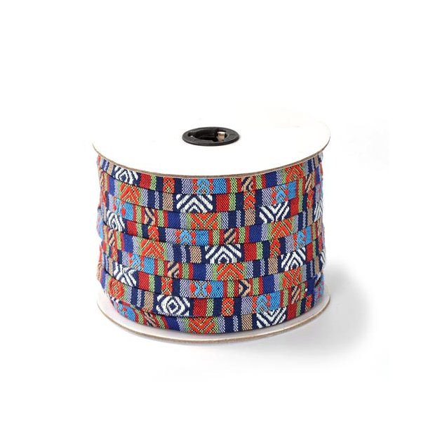 Flat ethnic pattern cotton cord, dark blue, red, green, 10mm, 25cm.