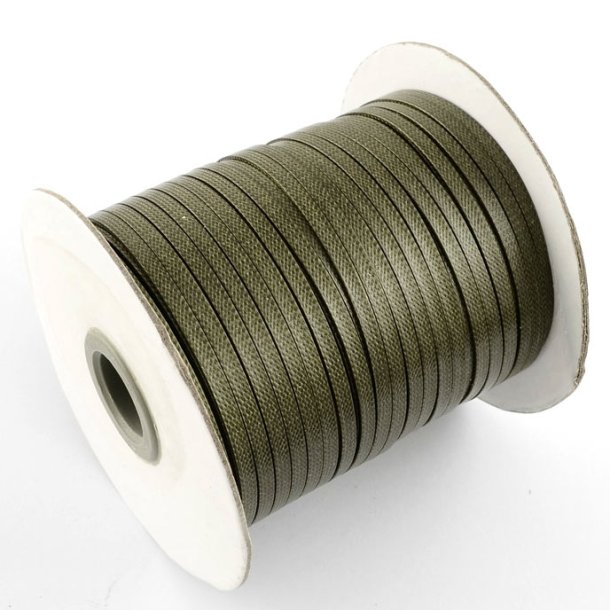 Waxed polyester cord, full spool, flat, olive green, width 4mm, 90m