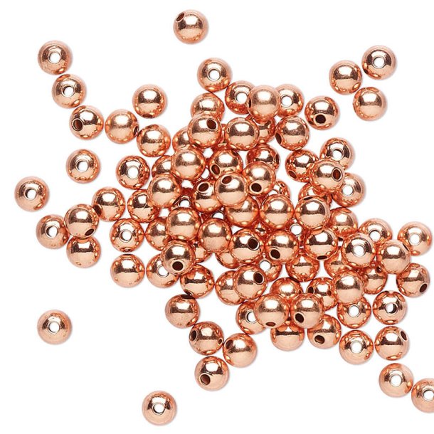 Bead, rose gold plated brass, shiny round, diameter 3 mm. 100 pcs.