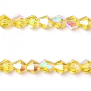 Celestial crystal, complete strand, bicone, yellow, iridescent, 6x6 mm, 54pcs.