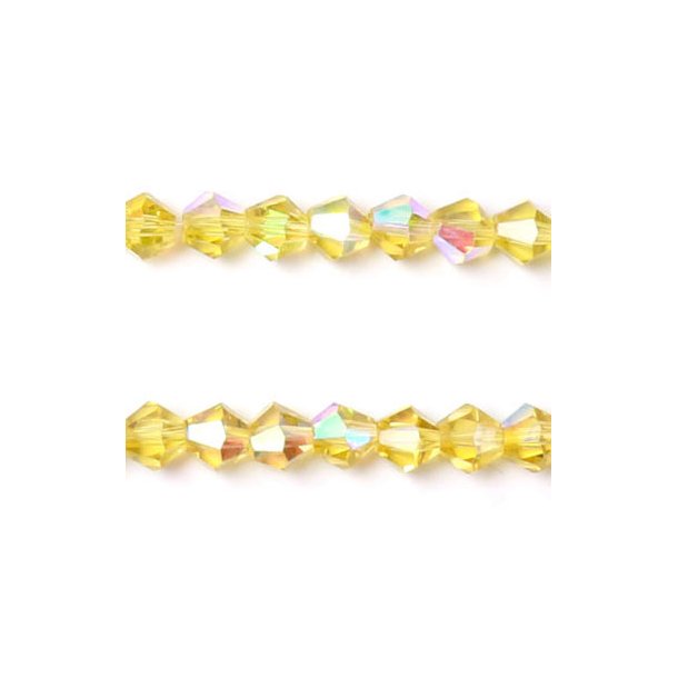 Celestial crystal, complete strand, bicone, yellow, iridescent, 6x6 mm, 54pcs.
