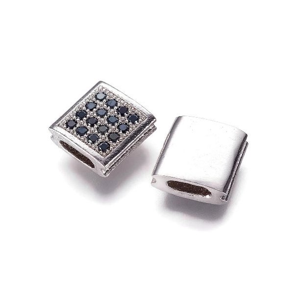Locking-bead for Macrame, silvered, black zirconia, 9x9x5mm, hole 5x2mm, 1pc