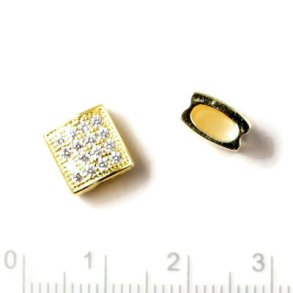 Square lock bead, gold-plated, with clear zirconia, 9x9x4 mm, 1 pc
