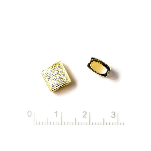Square lock bead, gold-plated, with clear zirconia, 9x9x4 mm, 1 pc