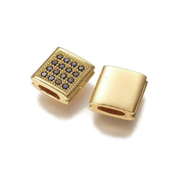 Locking-bead, gilded, black zirconia, 9x9x4mm, hole size 5x2mm, 1pc