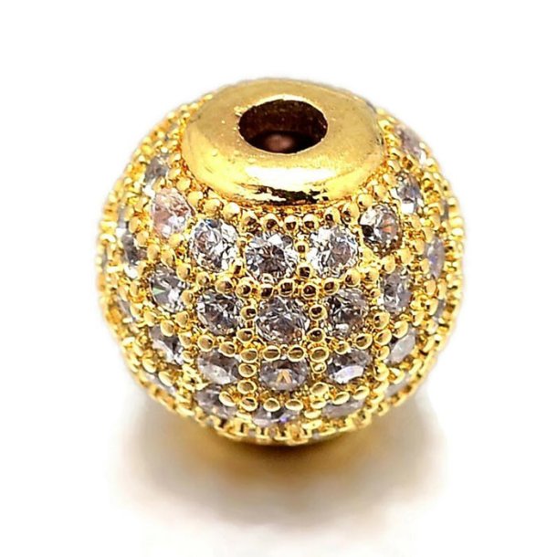 Round exclusive gilded bead, set with transparent zirconia, 10mm, 1pc.