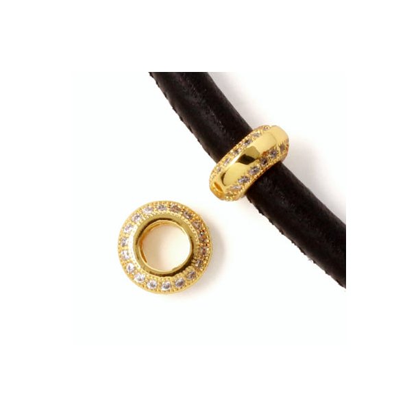 Exclusive gilded bracelet bead, with zirconia and large hole, 10mm, 1pc.