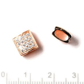 Square locking bead, gilded, transparent zirconia, 8,5x8x5mm, hole size 6x3mm, 1pc