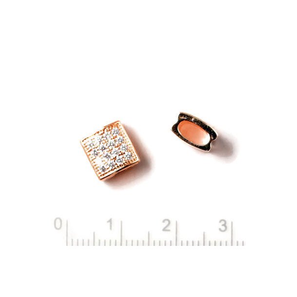 Square locking bead, gilded, transparent zirconia, 8,5x8x5mm, hole size 6x3mm, 1pc