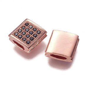 Square locking bead, rose gilded, black zirconia, 9x9x4mm, hole measurement 5x2mm, 1pc
