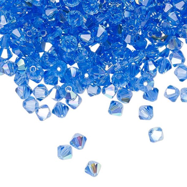 Preciosa, crystal, bead, sapphire blue, AB iridescent, bicone, 3mm, 10 pcs