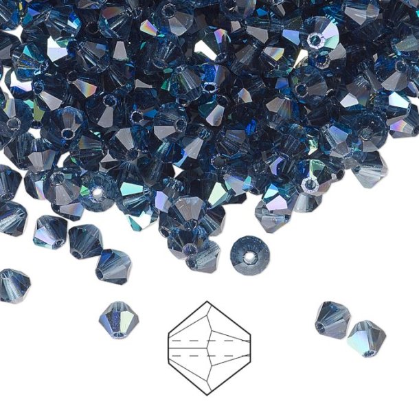 Preciosa, crystal, bead, montana blue, AB, iridescent, bicone, 3mm, 10 pcs