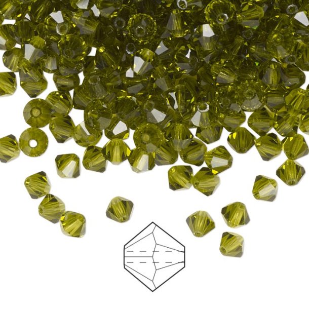 Preciosa, Kristall, Perle, olivgr&uuml;n, Doppelkegel, 4mm, 10 St&uuml;ck