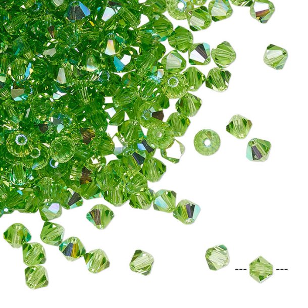 Preciosa, crystal, pearl, peridot green, AB, iridescent, bicone, 4 mm, 10 pcs
