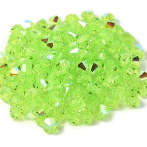 Preciosa, Kristall, Perle, lindgrün, AB, changierend, Doppelkegel, 3mm, 10 Stk.