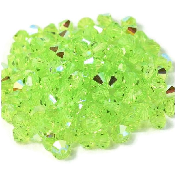 Preciosa, crystal, bead, lime green, AB iridescent, bicone, 3mm, 10 pcs