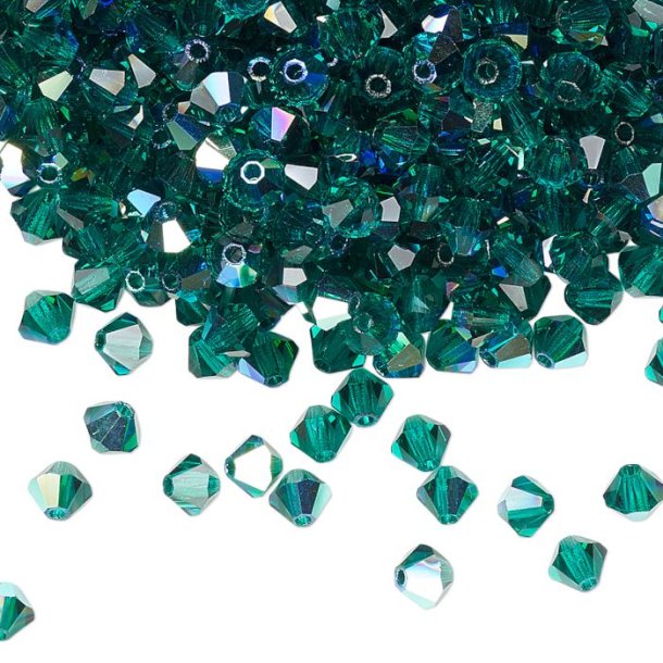 Preciosa, crystal, bead, emerald green, AB iridescent, bicone, 4mm, 10 pcs