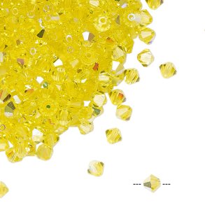 Preciosa, Kristall, Perle, Citrin gelb, AB, changierend, Doppelkegel, 4 mm, 10 Stück