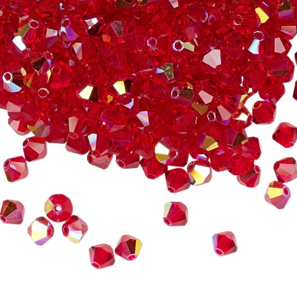 Preciosa, crystal, bead, light siam red, AB, iridescent, bicone, 4mm, 10 pcs