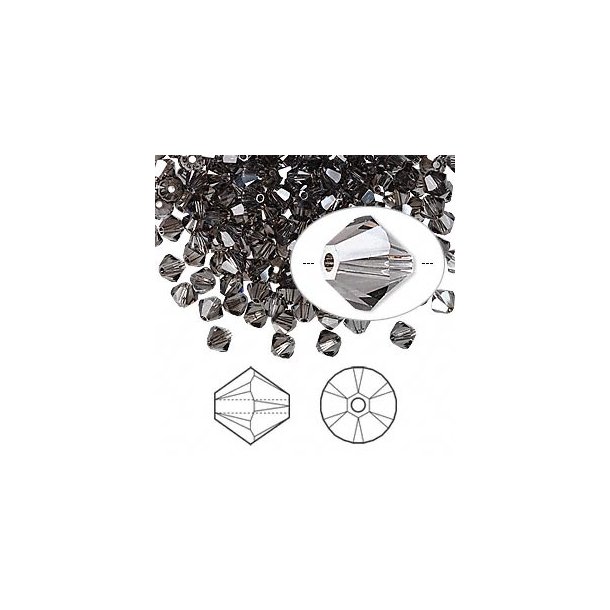 Preciosa crystal bead, black diamond satin, facetted bicone, 4mm, 10pcs