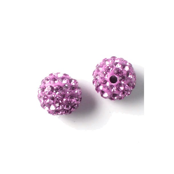 Drilled through sphere, 10mm, with dark pink crystals, 2pcs.