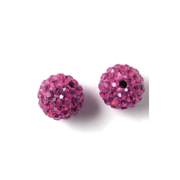 Drilled through sphere, 10mm, with cyclame color crystals, 2pcs.