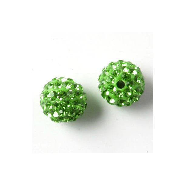 Drilled through sphere, 10mm, with light green crystals, 2pcs.